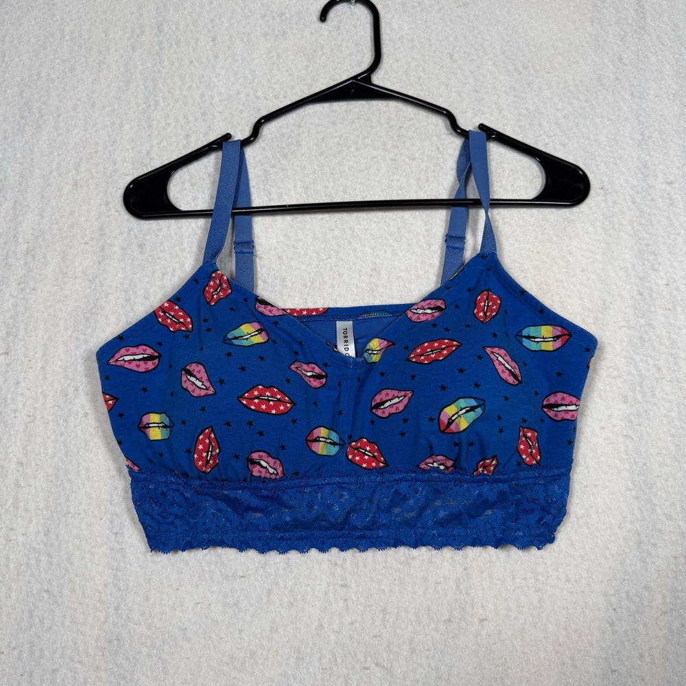 Torrid Blue Lips Stars Lace Bralette Size 1 Wireless Adjustable Straps 14600452
